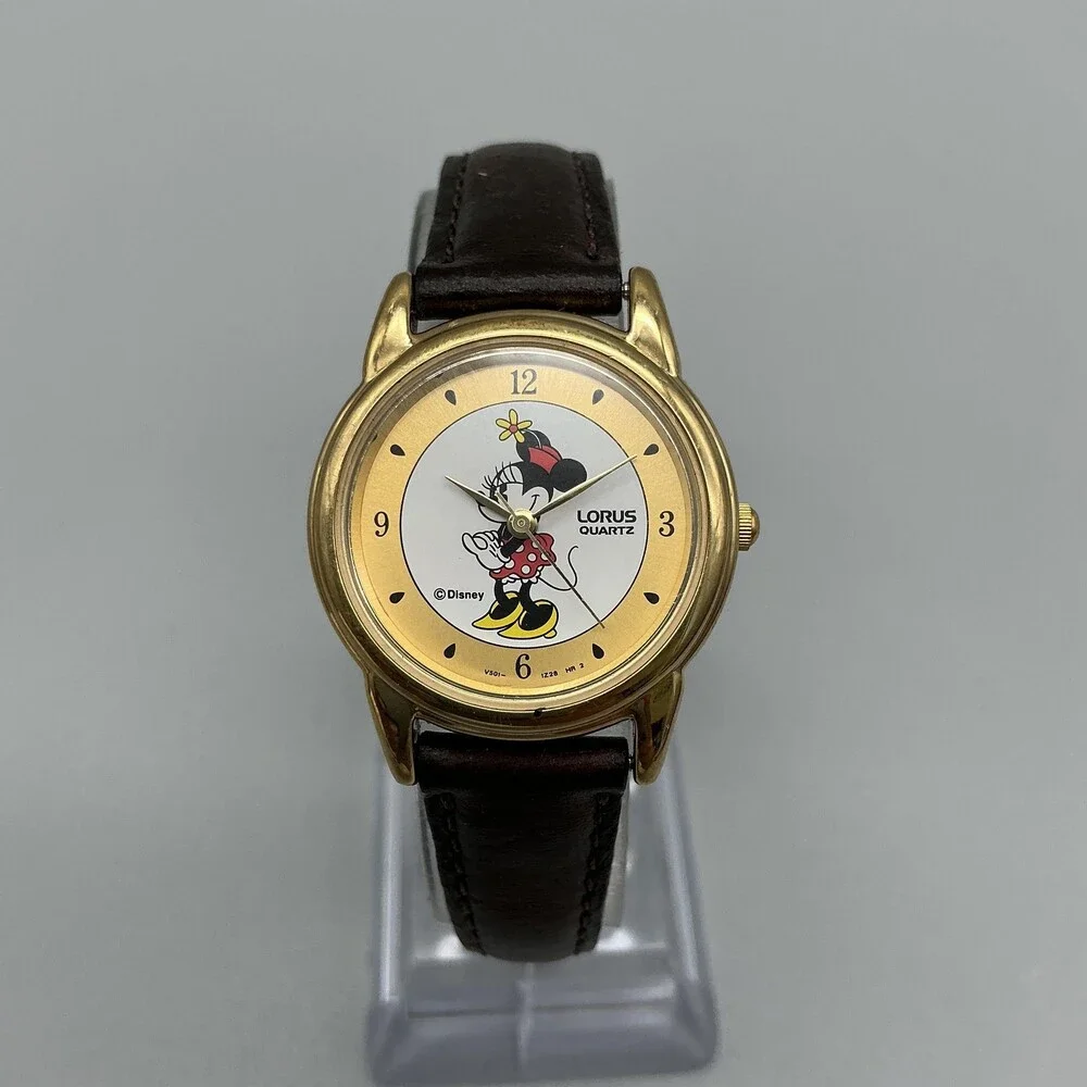 Vtg Lorus Womens Watch 26mm Minnie Mouse Gold Tone V501-6N70 Leather Band